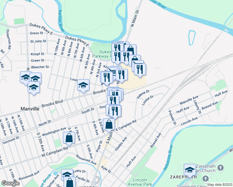 map of restaurants, bars, coffee shops, grocery stores, and more near 40 North Main Street in Manville