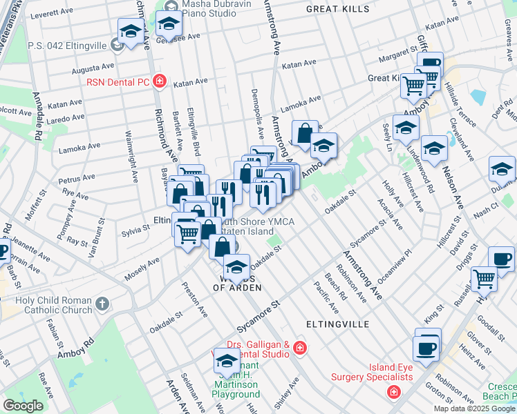 map of restaurants, bars, coffee shops, grocery stores, and more near 4385 Amboy Road in Staten Island