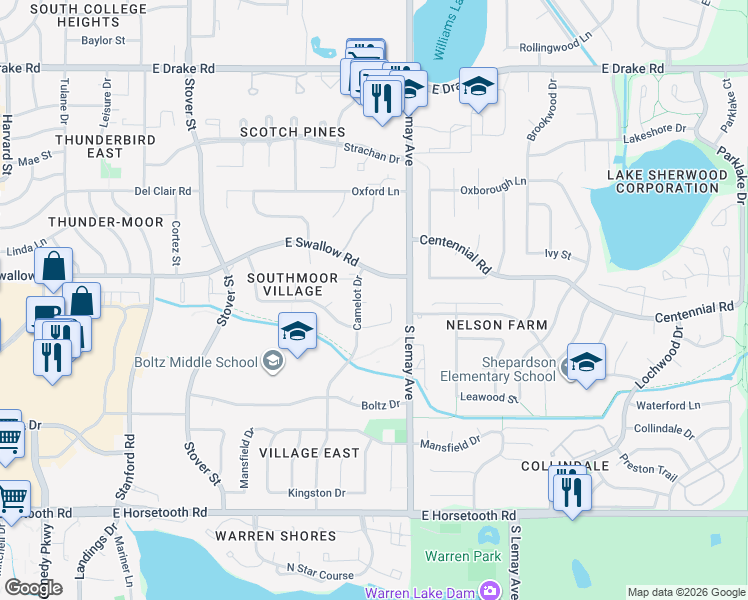 map of restaurants, bars, coffee shops, grocery stores, and more near 1008 Camelot Circle in Fort Collins