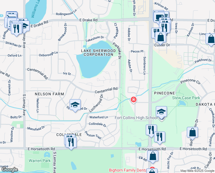 map of restaurants, bars, coffee shops, grocery stores, and more near 1742 Centennial Road in Fort Collins