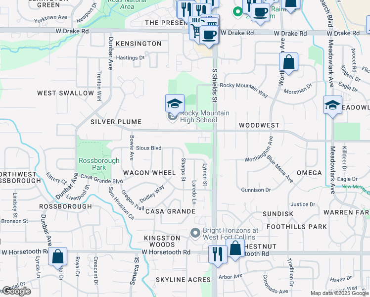 map of restaurants, bars, coffee shops, grocery stores, and more near 3100 Sharps Street in Fort Collins
