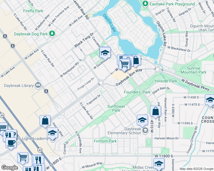 map of restaurants, bars, coffee shops, grocery stores, and more near 4781 Daybreak Rim Way in South Jordan