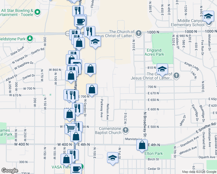 map of restaurants, bars, coffee shops, grocery stores, and more near 201 East 700 North in Tooele