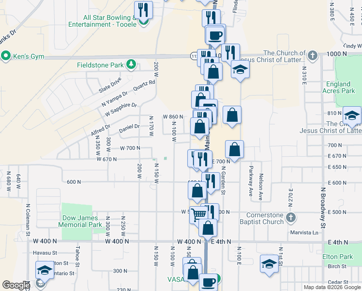 map of restaurants, bars, coffee shops, grocery stores, and more near 65 West 740 North in Tooele