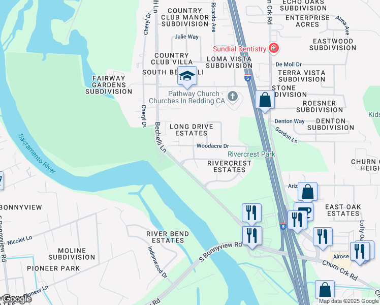 map of restaurants, bars, coffee shops, grocery stores, and more near 4356 Egret Way in Redding