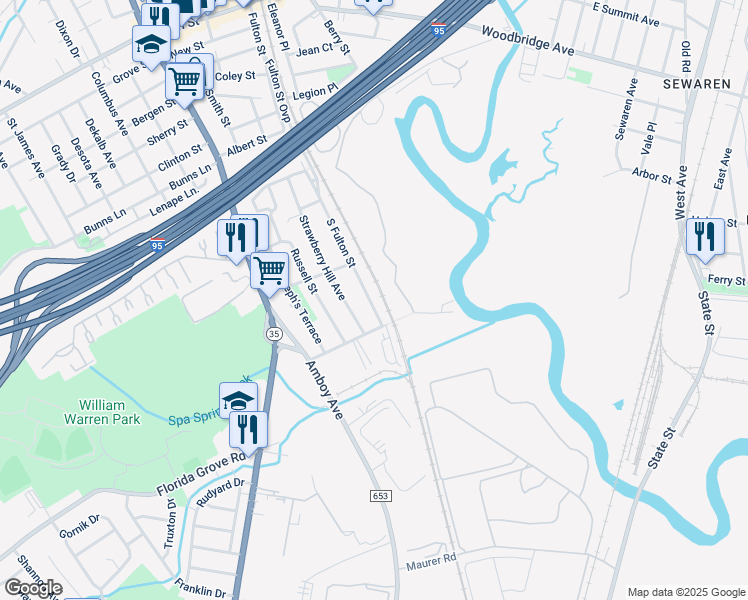 map of restaurants, bars, coffee shops, grocery stores, and more near 86 Fulton Street in Woodbridge Township