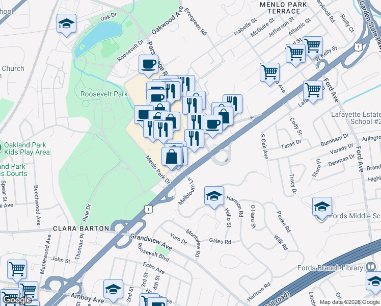 map of restaurants, bars, coffee shops, grocery stores, and more near 1521 U.S. 1 in Edison
