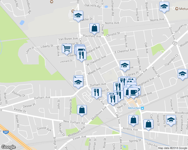 map of restaurants, bars, coffee shops, grocery stores, and more near 52 Martin Street in Metuchen