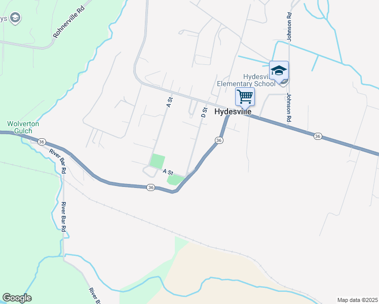 map of restaurants, bars, coffee shops, grocery stores, and more near 3438 D Street in Hydesville