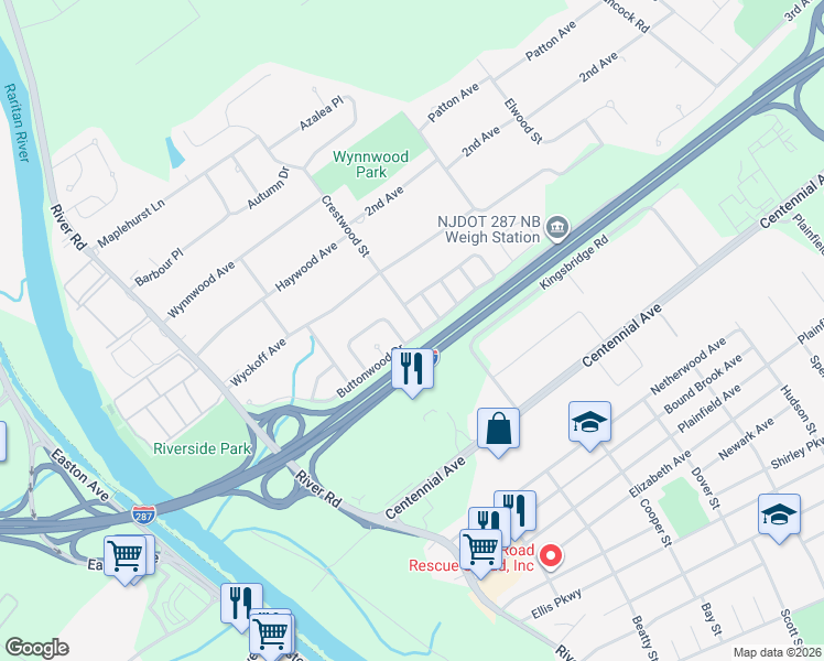 map of restaurants, bars, coffee shops, grocery stores, and more near 75 Buttonwood Drive in Piscataway
