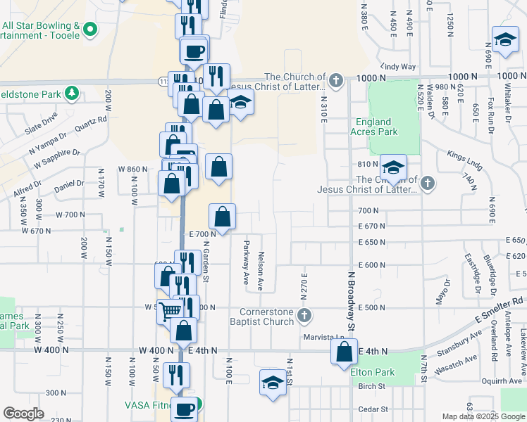 map of restaurants, bars, coffee shops, grocery stores, and more near 715 Brook Avenue East in Tooele