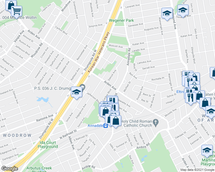 map of restaurants, bars, coffee shops, grocery stores, and more near 130 Detroit Avenue in Staten Island