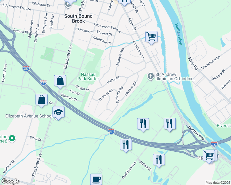 map of restaurants, bars, coffee shops, grocery stores, and more near 16 Fordham Road in Franklin Township