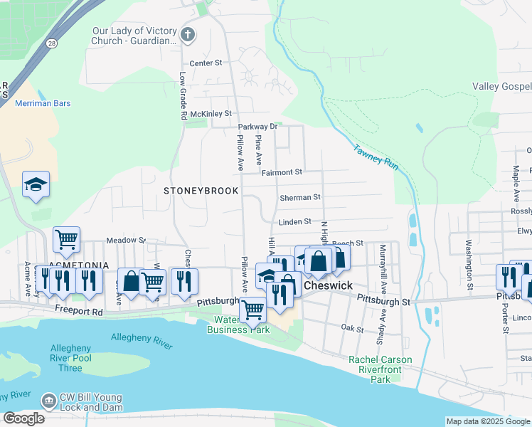 map of restaurants, bars, coffee shops, grocery stores, and more near 1219 Linden St in Cheswick