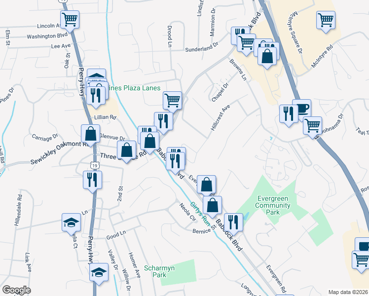 map of restaurants, bars, coffee shops, grocery stores, and more near 293 Hillcrest Circle in Pittsburgh