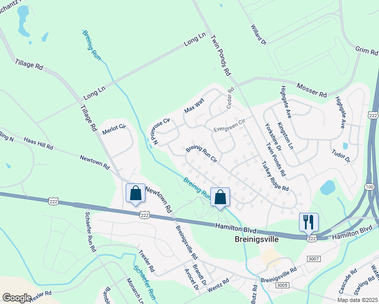 map of restaurants, bars, coffee shops, grocery stores, and more near 8848 Breinig Run Circle in Breinigsville