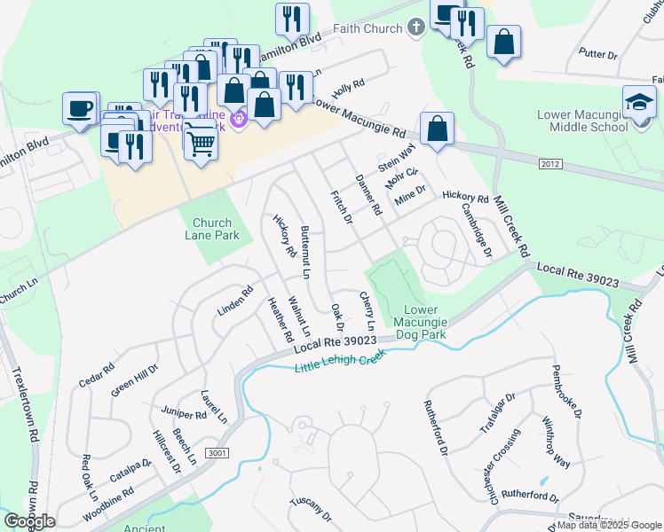 map of restaurants, bars, coffee shops, grocery stores, and more near 6885 Linden Circle in Macungie