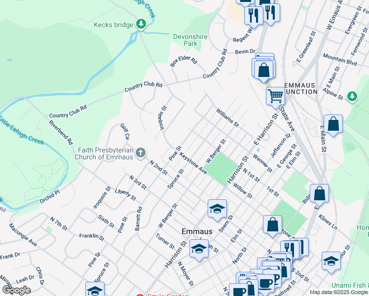 map of restaurants, bars, coffee shops, grocery stores, and more near 144 Pine Street in Emmaus