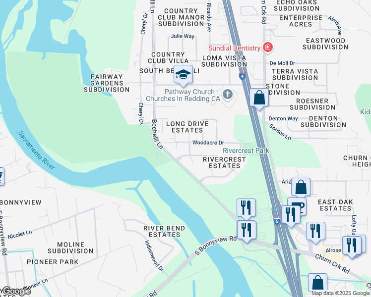 map of restaurants, bars, coffee shops, grocery stores, and more near 4356 Egret Way in Redding