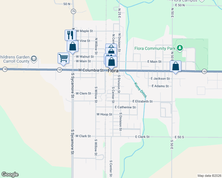 map of restaurants, bars, coffee shops, grocery stores, and more near 307 South Center Street in Flora