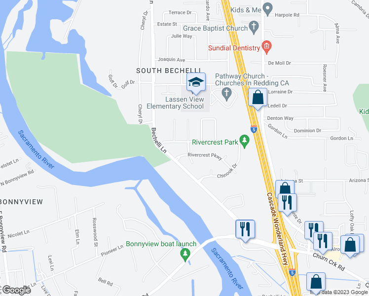 map of restaurants, bars, coffee shops, grocery stores, and more near 4356 Egret Way in Redding