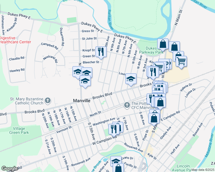 map of restaurants, bars, coffee shops, grocery stores, and more near 125 North 8th Avenue in Manville