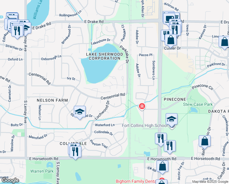 map of restaurants, bars, coffee shops, grocery stores, and more near 1742 Centennial Road in Fort Collins