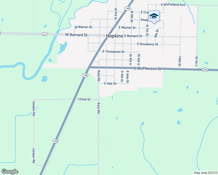 map of restaurants, bars, coffee shops, grocery stores, and more near 108 East Ada Street in Hopkins