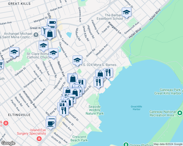 map of restaurants, bars, coffee shops, grocery stores, and more near 3877 Hylan Boulevard in Staten Island