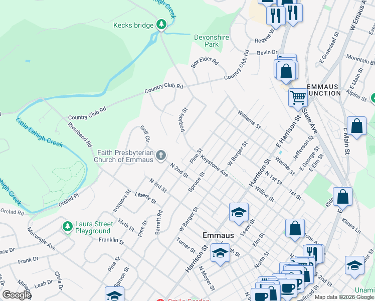 map of restaurants, bars, coffee shops, grocery stores, and more near 2900 Keystone Avenue in Emmaus