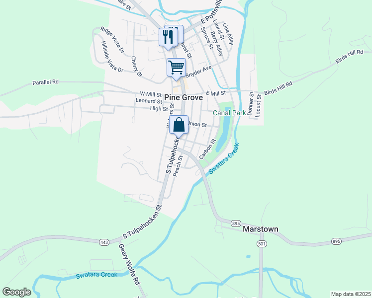 map of restaurants, bars, coffee shops, grocery stores, and more near 11 East Wood Street in Pine Grove