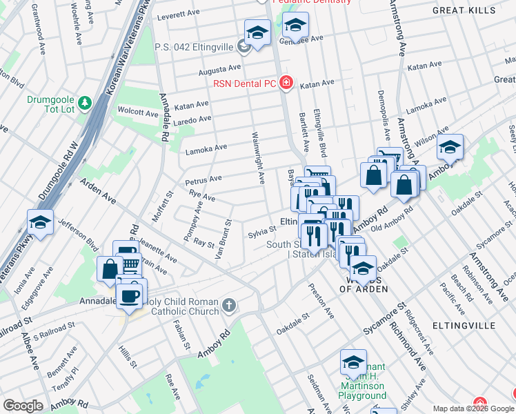 map of restaurants, bars, coffee shops, grocery stores, and more near 10 Rye Avenue in Staten Island