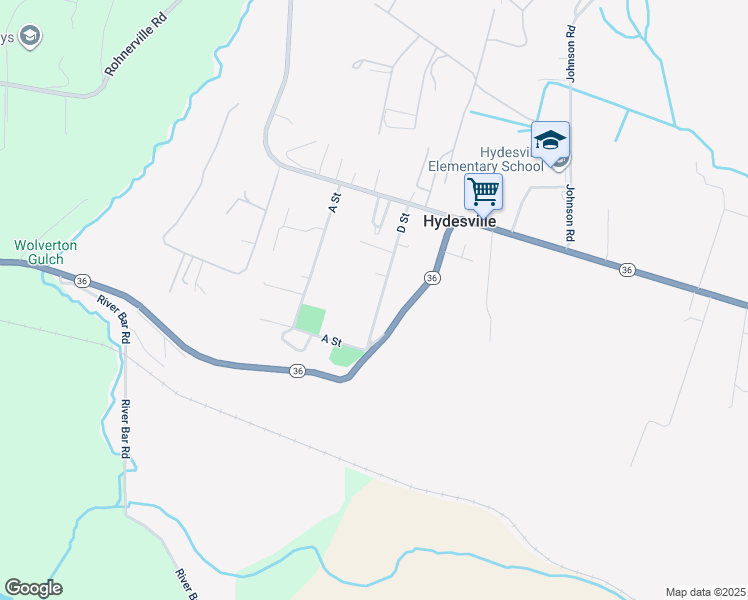 map of restaurants, bars, coffee shops, grocery stores, and more near 3438 D Street in Hydesville