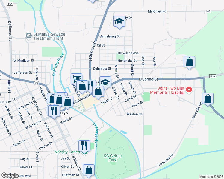map of restaurants, bars, coffee shops, grocery stores, and more near in Saint Marys