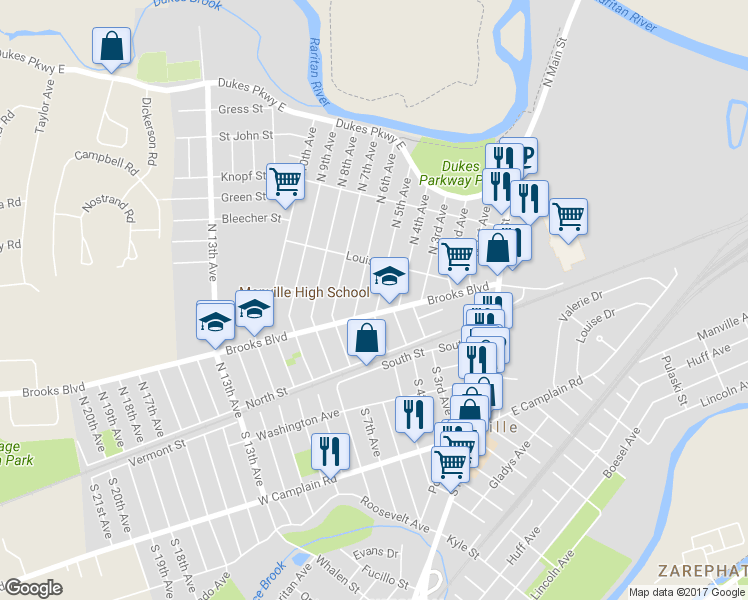 map of restaurants, bars, coffee shops, grocery stores, and more near 109 North 5th Avenue in Manville
