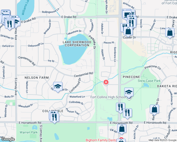 map of restaurants, bars, coffee shops, grocery stores, and more near 1742 Centennial Road in Fort Collins