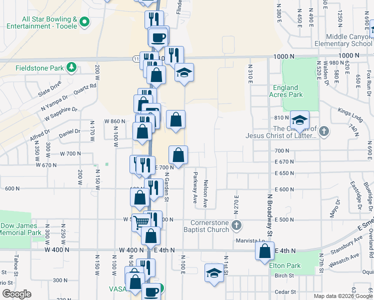 map of restaurants, bars, coffee shops, grocery stores, and more near 734 North 100 East in Tooele
