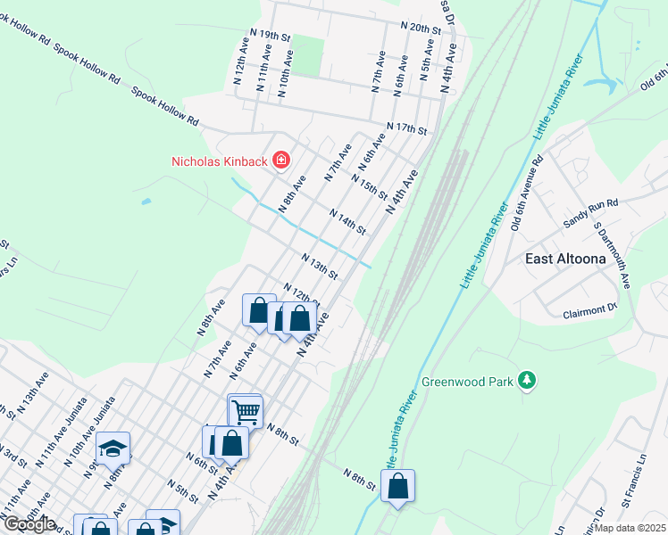 map of restaurants, bars, coffee shops, grocery stores, and more near 420 North 13th Street in Altoona
