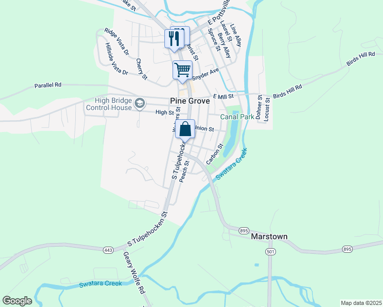 map of restaurants, bars, coffee shops, grocery stores, and more near 9 East Wood Street in Pine Grove