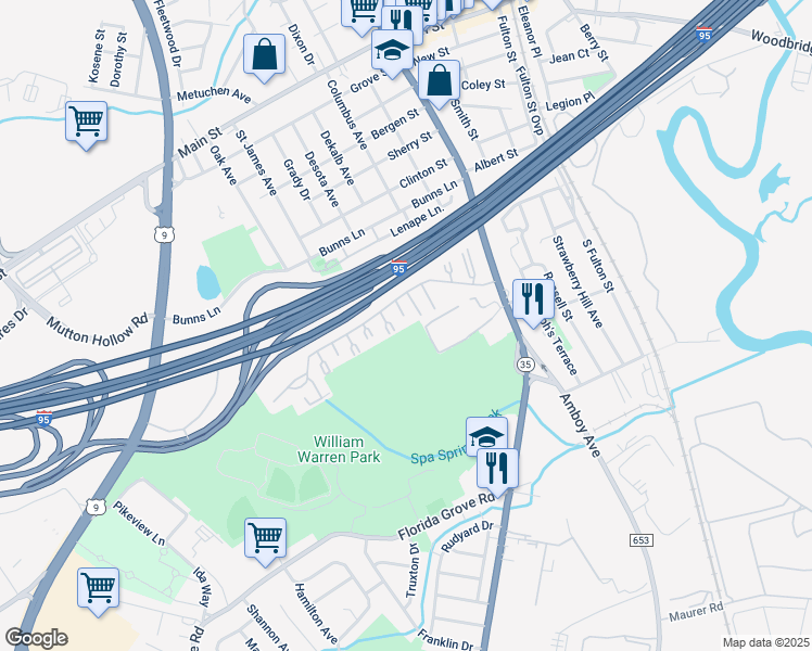 map of restaurants, bars, coffee shops, grocery stores, and more near 319 Cricket Lane in Woodbridge Township