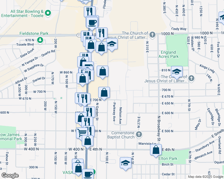 map of restaurants, bars, coffee shops, grocery stores, and more near 734 North 100 East in Tooele