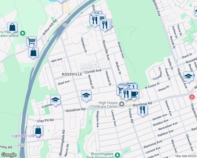 map of restaurants, bars, coffee shops, grocery stores, and more near 742 Maguire Avenue in Staten Island
