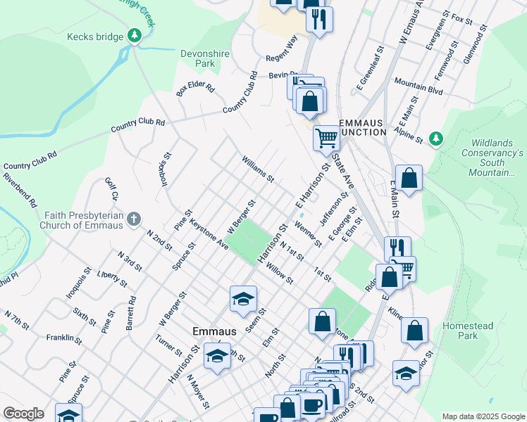 map of restaurants, bars, coffee shops, grocery stores, and more near 16 West Greenleaf Street in Emmaus