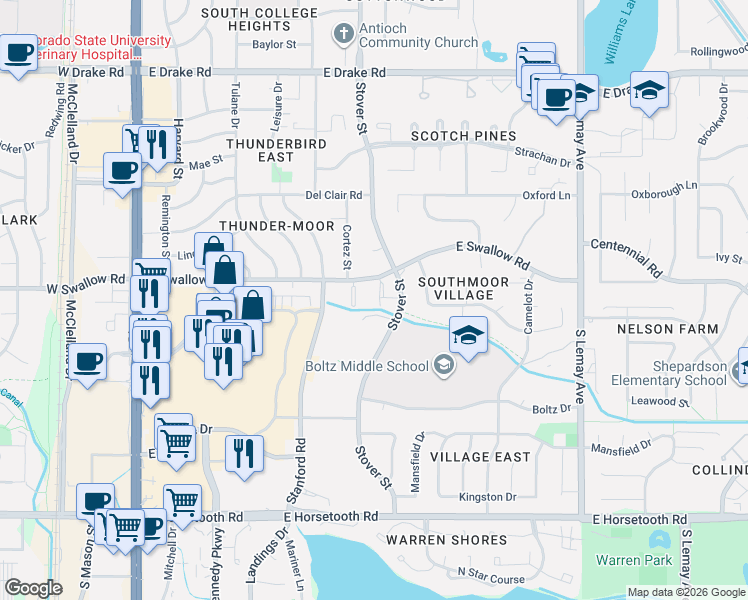 map of restaurants, bars, coffee shops, grocery stores, and more near 3124 Swallow Place in Fort Collins