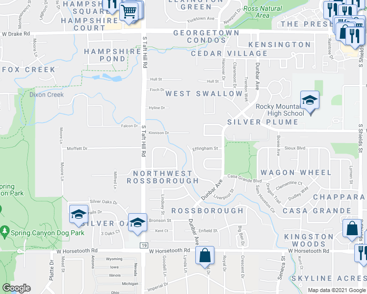 map of restaurants, bars, coffee shops, grocery stores, and more near 1812 Effingham Street in Fort Collins