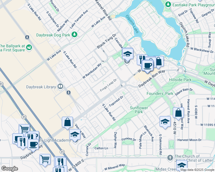 map of restaurants, bars, coffee shops, grocery stores, and more near 4950 Frogs Leap Drive in South Jordan