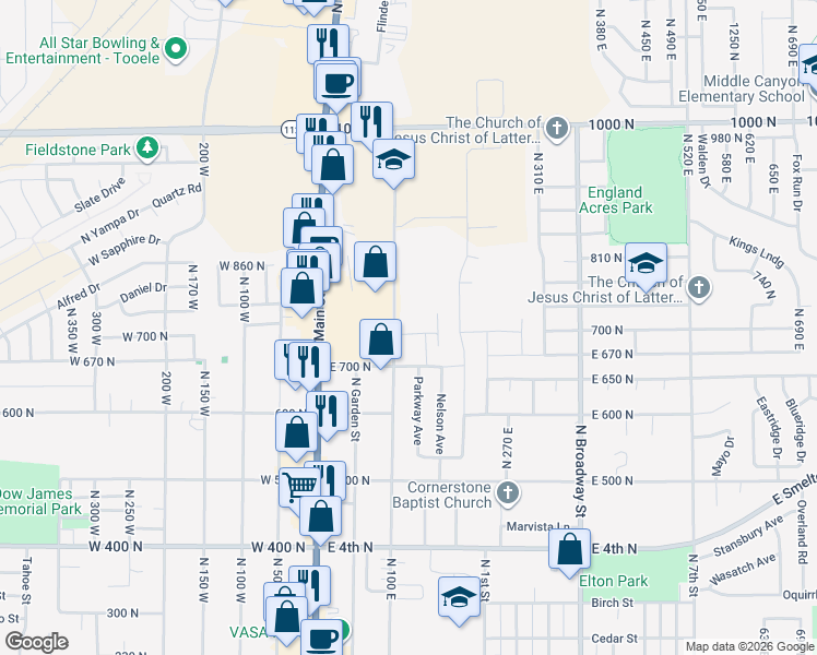 map of restaurants, bars, coffee shops, grocery stores, and more near 734 North 100 East in Tooele