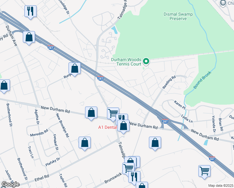 map of restaurants, bars, coffee shops, grocery stores, and more near 421 Waterford Drive in Edison