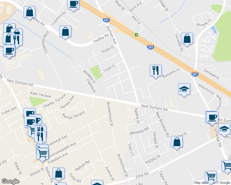 map of restaurants, bars, coffee shops, grocery stores, and more near 1410 Shadyside Place in South Plainfield