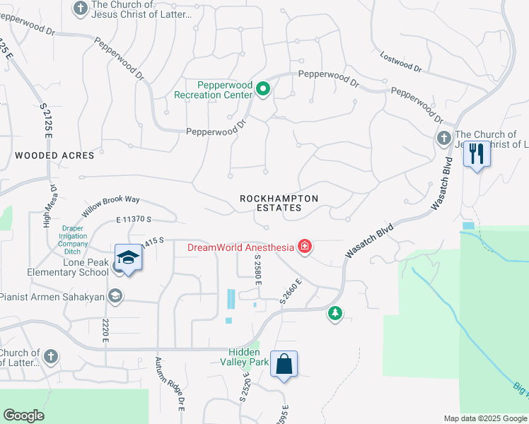 map of restaurants, bars, coffee shops, grocery stores, and more near 35 Lone Hollow Drive in Sandy